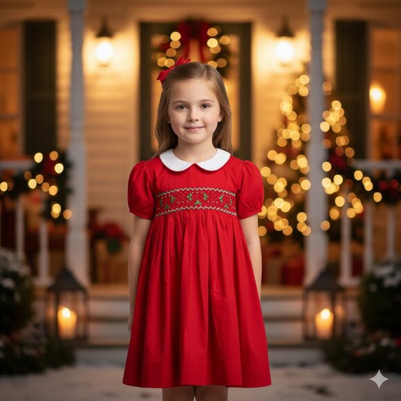 Spinning Grace Other - Holly Berry Smocked Dress-Christmas Holiday Collections